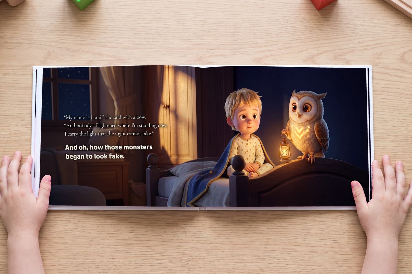 A Dreamtale book lying open on a table, one illustration running across both pages