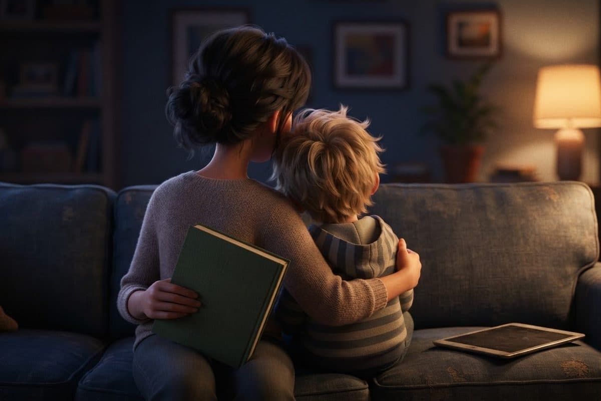 A parent and a small child seen from behind on a couch at lamp light, a closed hardcover book on the parent's lap and a tablet lying face down on the cushion beside them