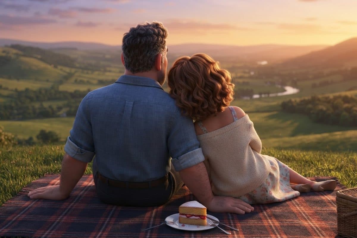 A married couple seen from behind on a plaid picnic blanket on a grassy hill at sunset, looking out over a green valley, her head against his arm, one slice of cake on a small plate between them with two forks