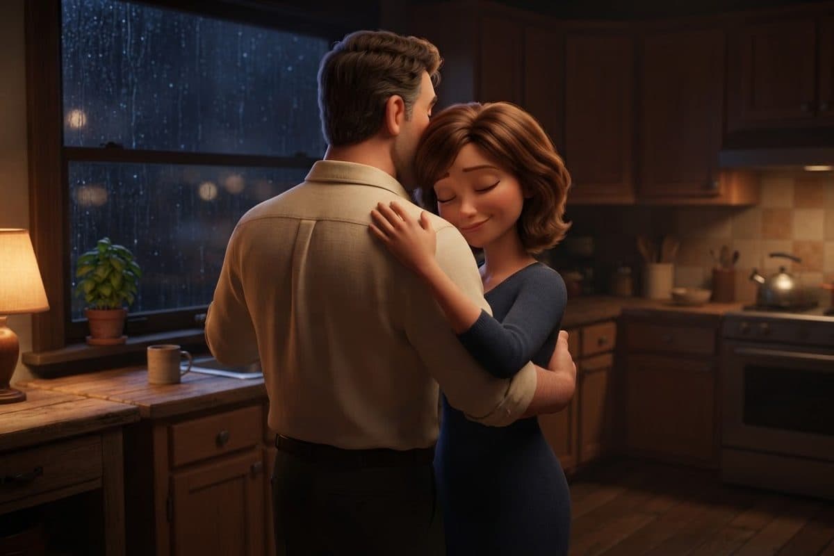 A married couple slow dancing in a warm kitchen at night, the woman resting her head on her husband's shoulder, rain running down the dark window behind them and a small pot of basil on the sill