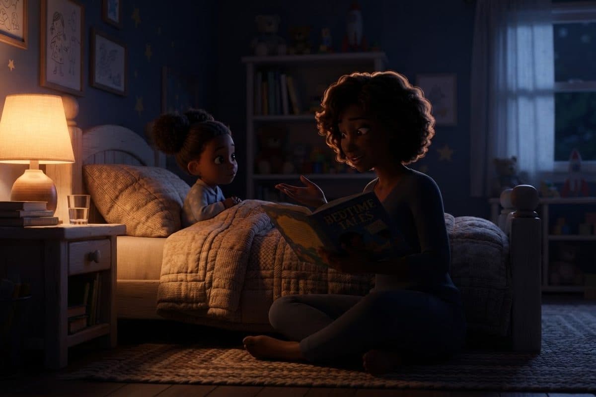 A lamp-lit bedroom with a parent reading a picture book to a child in bed