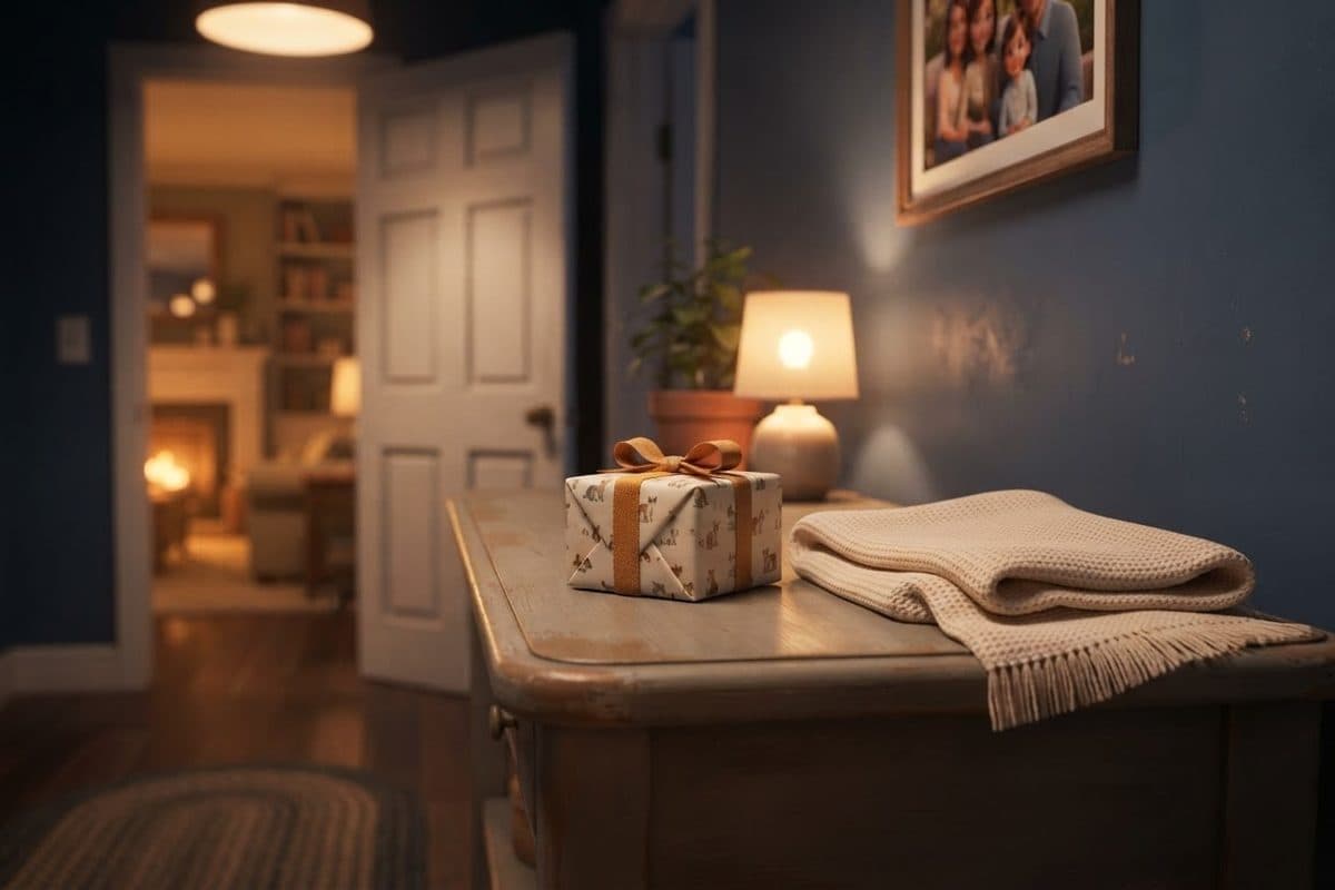 A wrapped present sitting on a hallway table beside a folded baby blanket in warm light