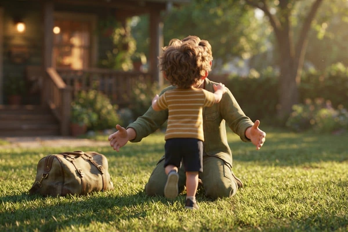 A small child running across a sunlit lawn into the arms of a parent in plain olive green, a duffel bag on the grass beside them