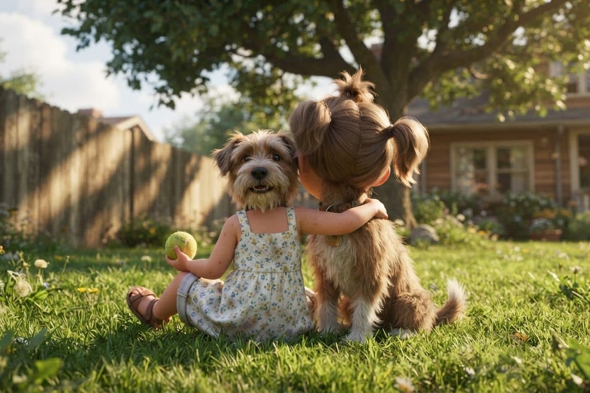 A small child seen from behind in a sunny backyard with an arm around a scruffy mixed-breed dog, a tennis ball in the other hand