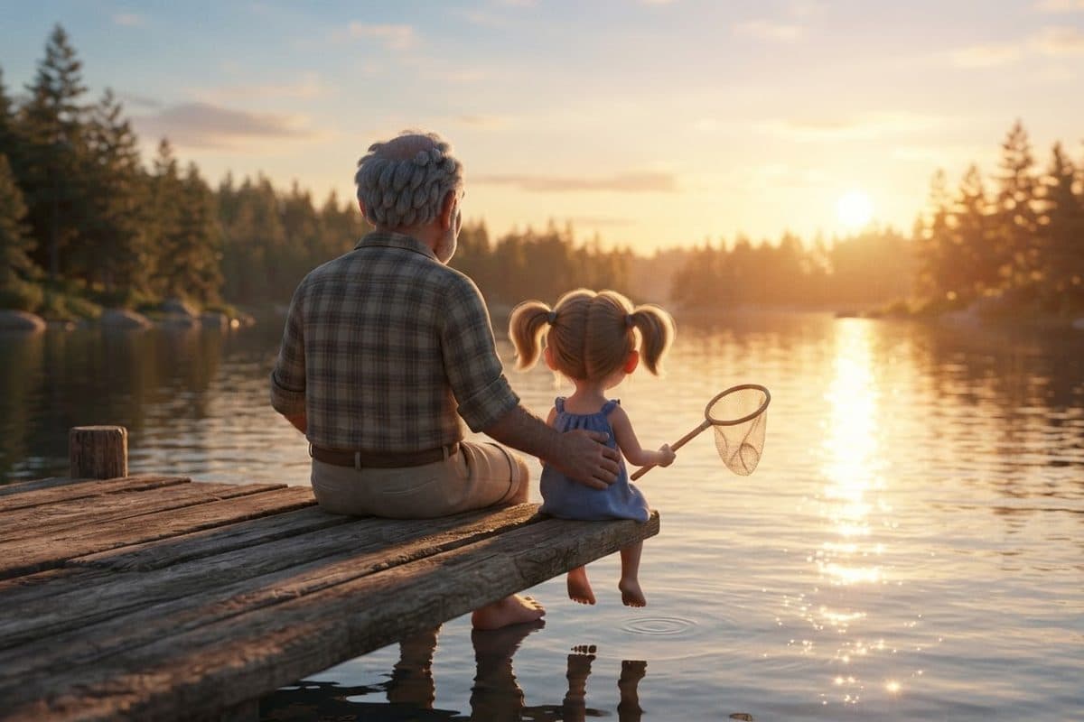 A grandfather and a small child seen from behind sitting on a wooden dock at a lake in late summer, their feet dangling over the water, the child holding a small fishing net