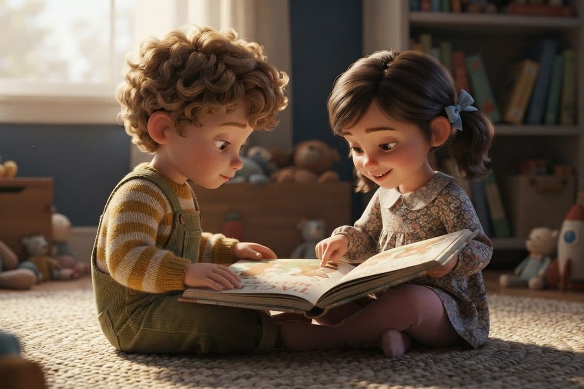 Two small children sitting close on a nursery floor sharing one open picture book