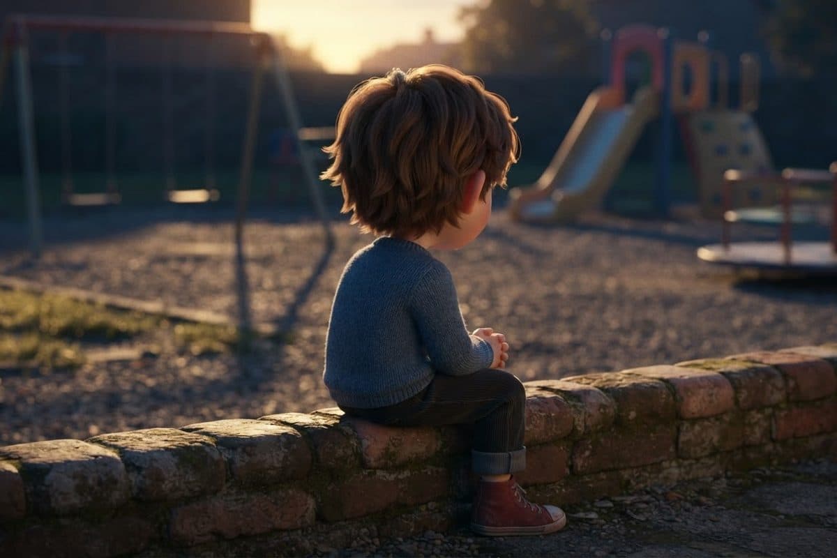 A child sitting alone on a low wall at the edge of a playground in late afternoon light