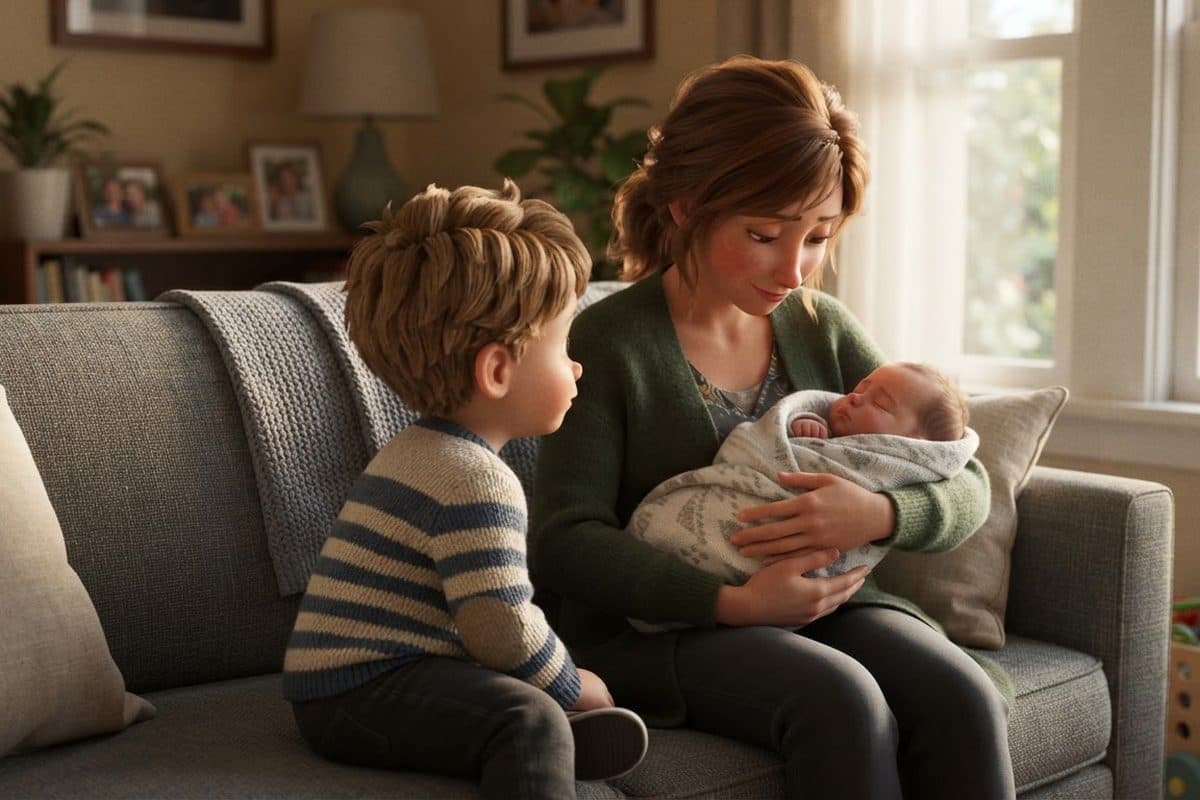 An older toddler sitting on a couch next to a parent holding a newborn