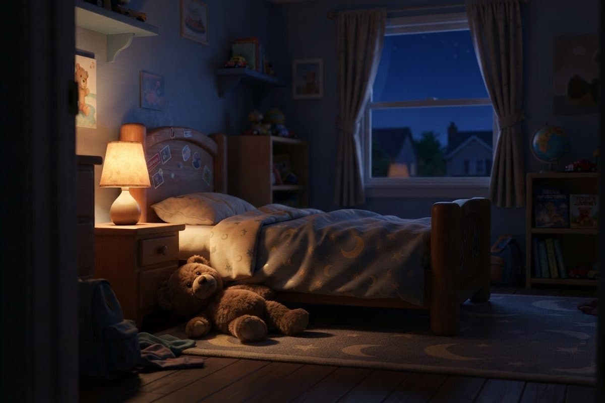 A child's bedroom at night with a lamp on and an open picture book, the dark of the window behind