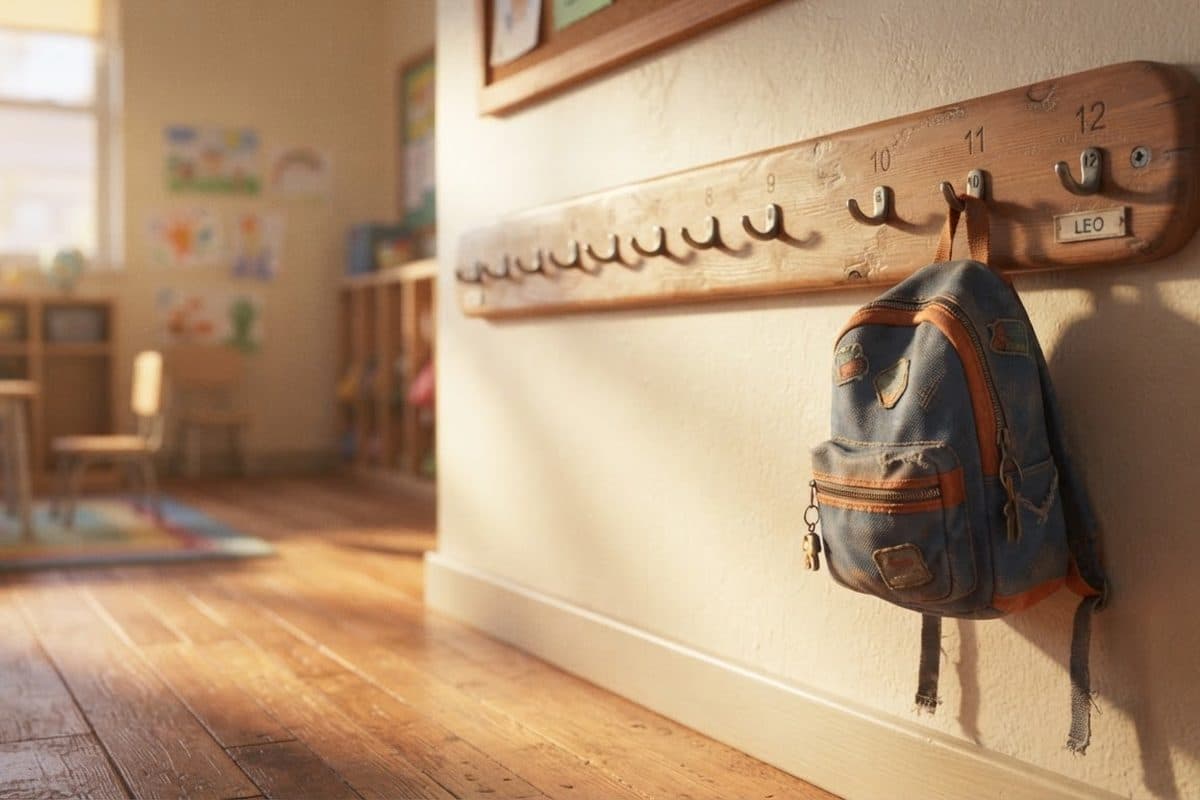 A row of low coat hooks in a kindergarten classroom with a small backpack hanging from one
