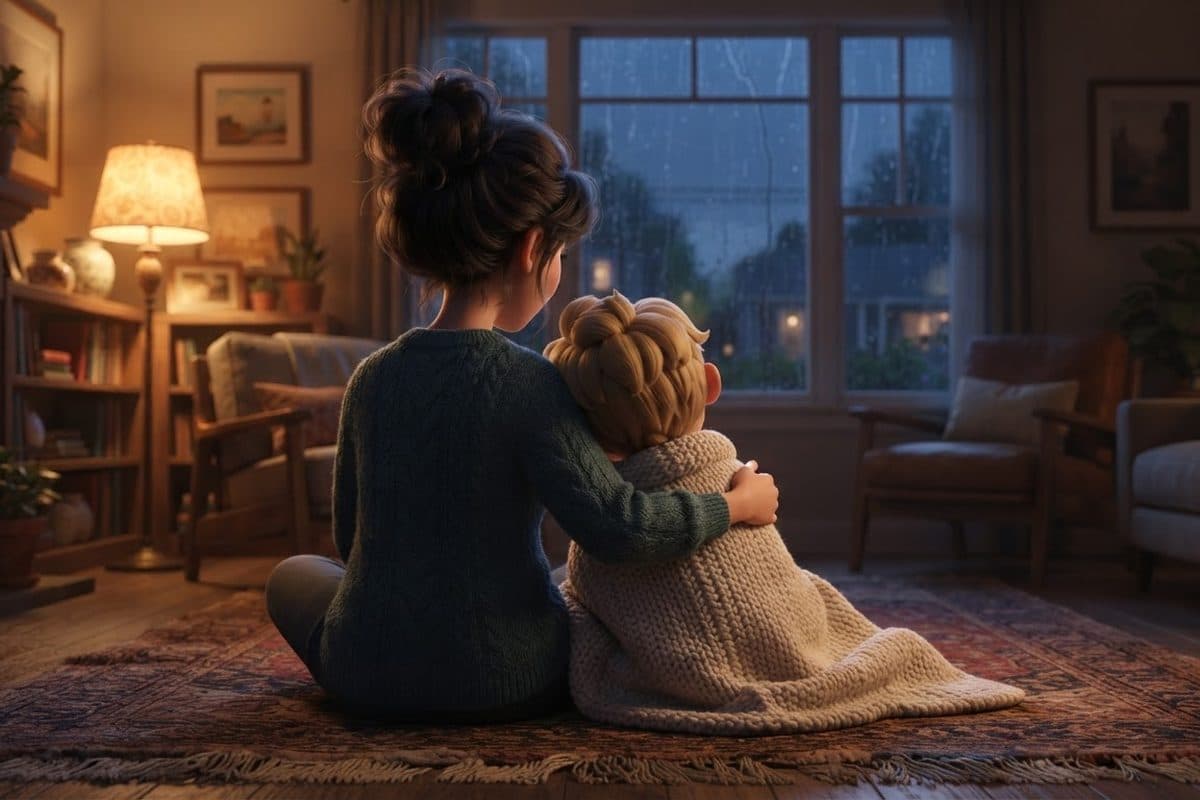 A parent and a small child seen from behind on a living room rug at dusk, the child wrapped in a knitted blanket and leaning into the parent's side while rain runs down the window