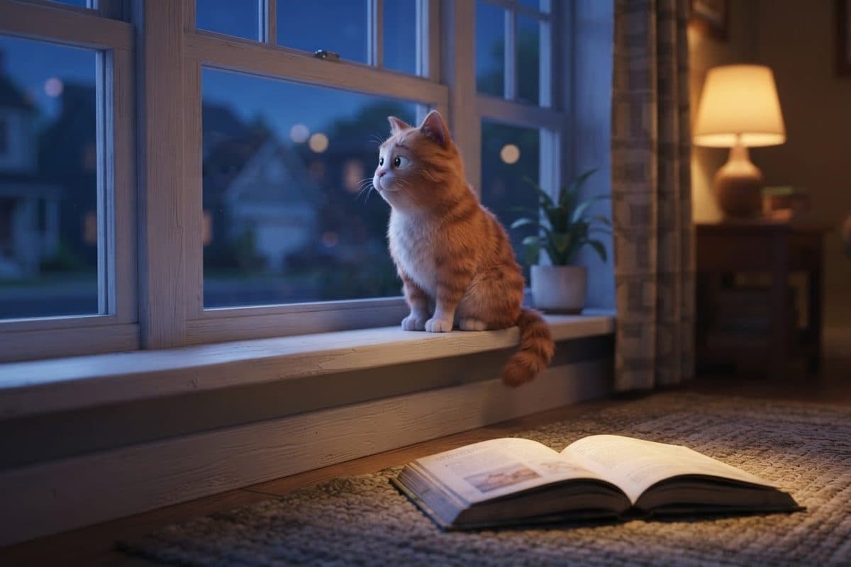 A cat asleep on a windowsill at dusk with a picture book open on the floor below