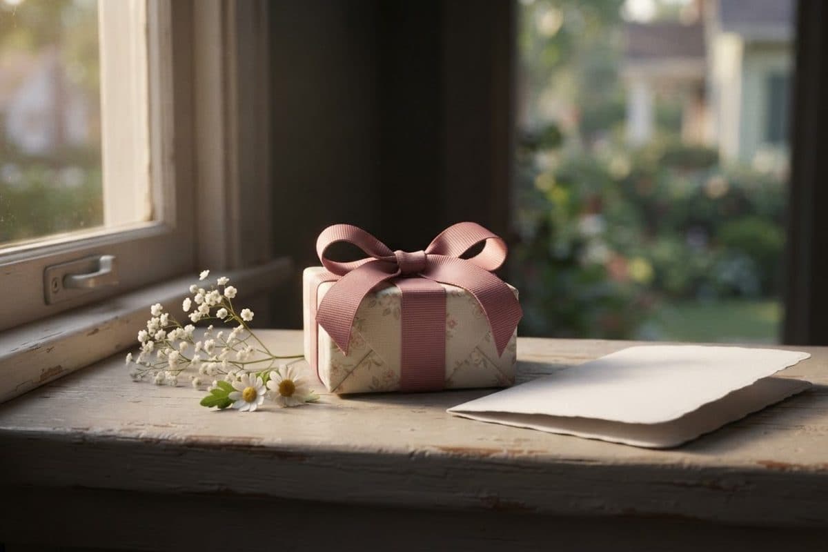 A christening keepsake, a card and a small wrapped gift arranged on a table by a window