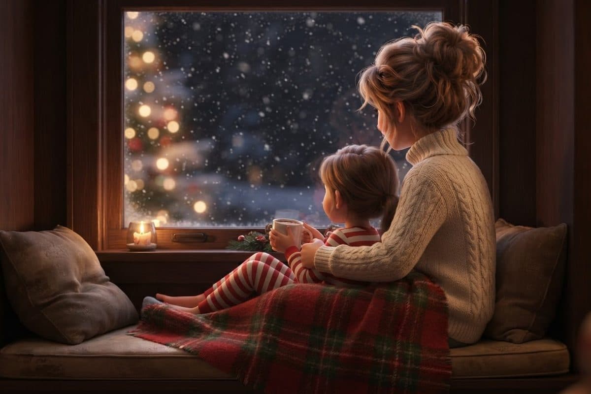A mother and a small child seen from behind, curled up together on a cushioned window seat under one red plaid blanket on a snowy December evening, the child holding a white mug of cocoa in both hands, Christmas lights reflected in the dark glass