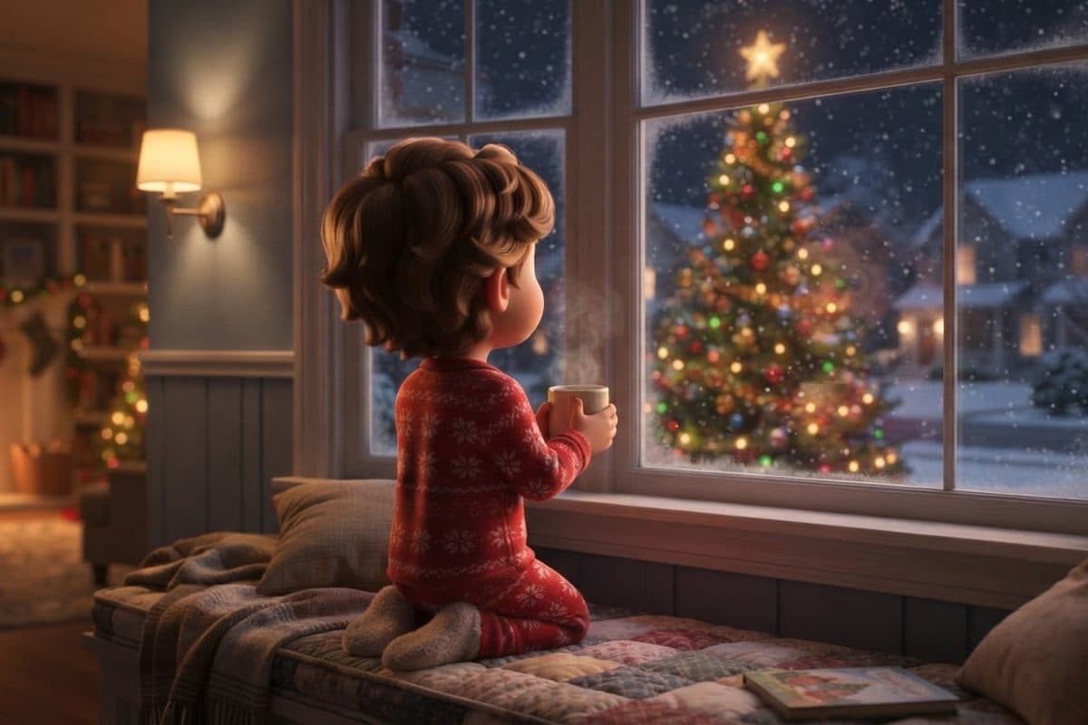 A small child in red pajamas seen from behind at a living room window on Christmas Eve, holding a warm mug in both hands and watching the snow, a lit tree reflected in the glass