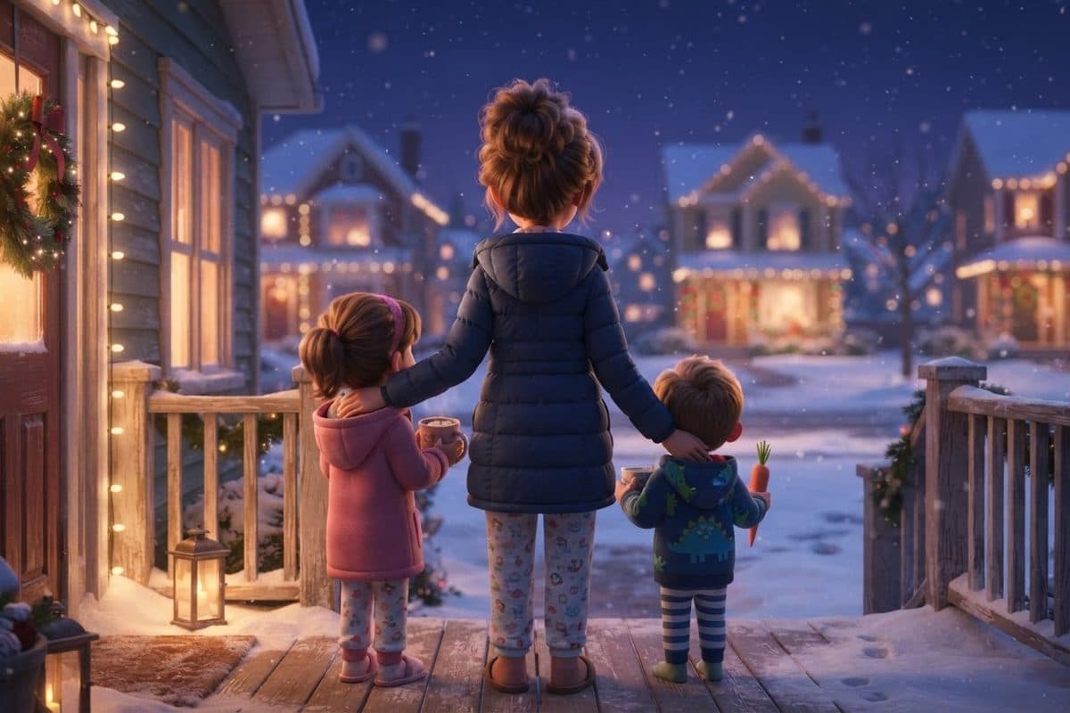 A parent and two small children in pajamas seen from behind on a porch at dusk, holding warm mugs and a carrot for the reindeer, looking out at a snowy street lit with Christmas lights