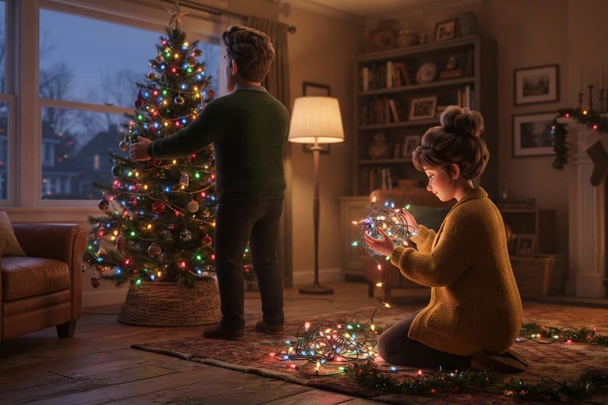 Two adults seen from behind in a warm living room at dusk, straightening a Christmas tree that leans a little while a tangle of string lights waits on the rug