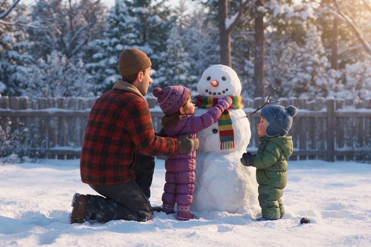 A father kneeling in the snow of a backyard on a bright winter morning with a small girl and a smaller boy, the three of them finishing a lopsided snowman, the girl wrapping a striped scarf around its neck
