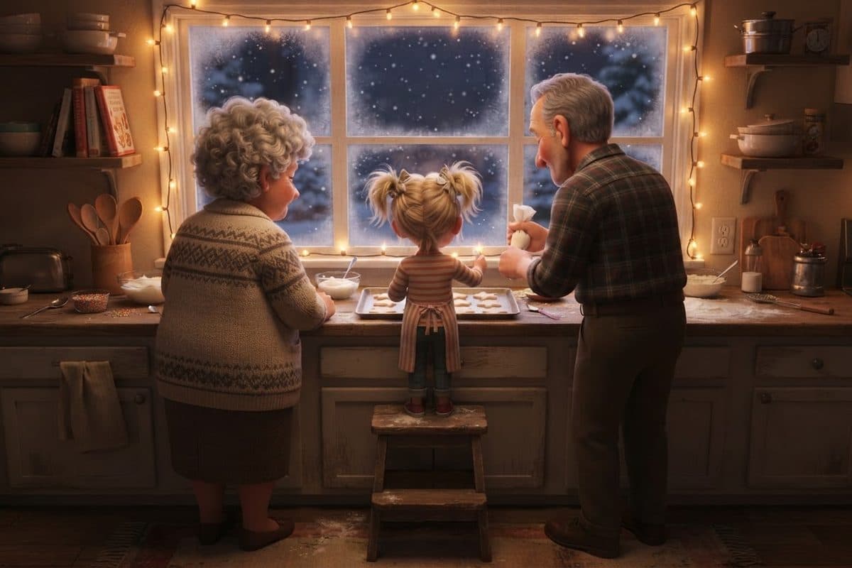 Two grandparents and a small grandchild seen from behind at a kitchen counter on a snowy December evening, icing sugar cookies under warm string lights