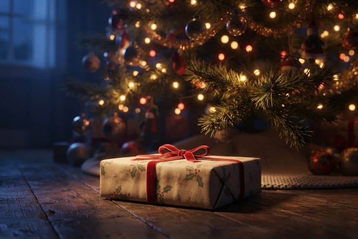 A wrapped hardcover book under a Christmas tree in the early morning