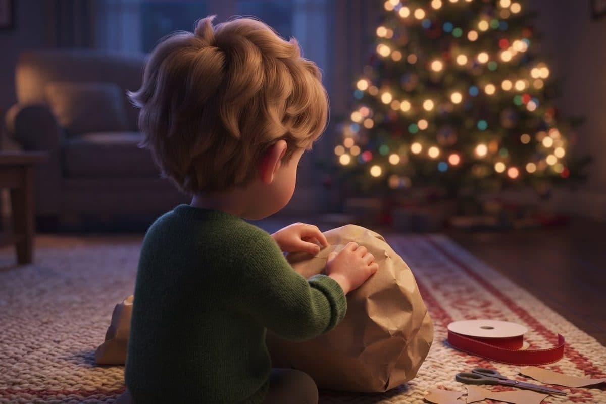 A small child seen from behind on a living room rug on Christmas Eve, taping plain brown kraft paper around a lumpy present, a roll of red ribbon beside them and the soft glow of a tree out of focus