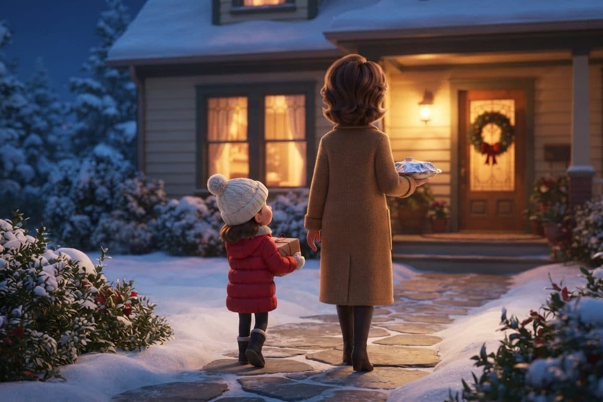 A mother and her small daughter seen from behind, walking up a snowy front path at dusk toward a lit porch with a pine wreath on the door, the woman carrying a foil-covered plate and the girl a small present tied with red twine