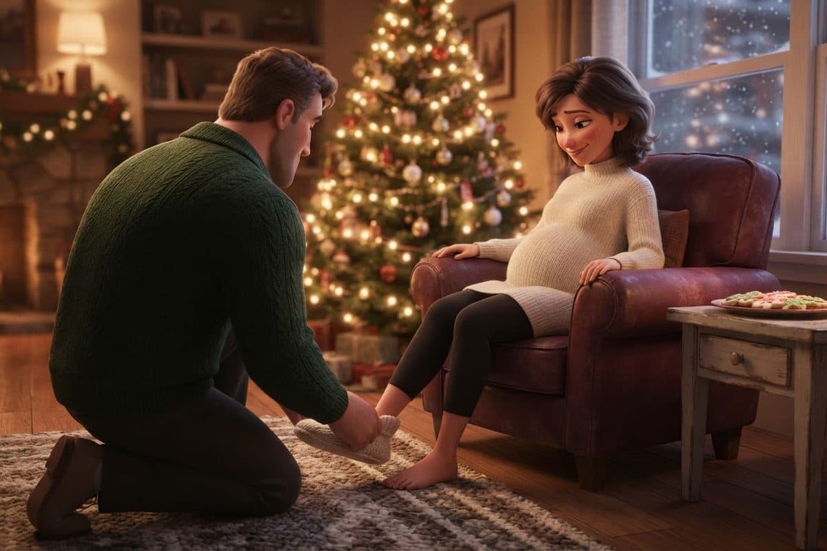 A man seen from behind kneeling in a softly lit living room to slip a pair of warm slippers onto the feet of a woman in profile in an armchair, her rounded belly under a cream knit sweater, beside a glowing Christmas tree with snow falling past the window