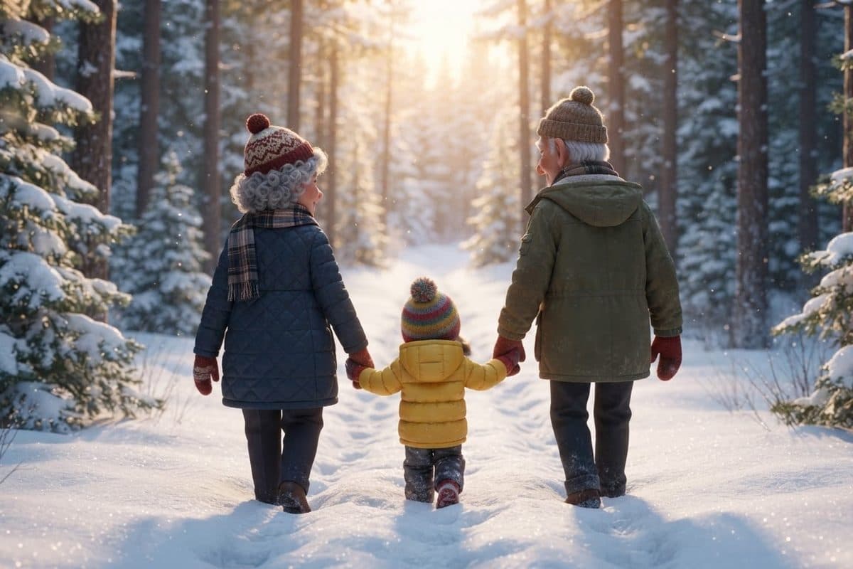 A grandmother, a grandfather and a small grandchild in a yellow coat seen from behind, walking hand in hand down a snowy path into a sunlit pine forest