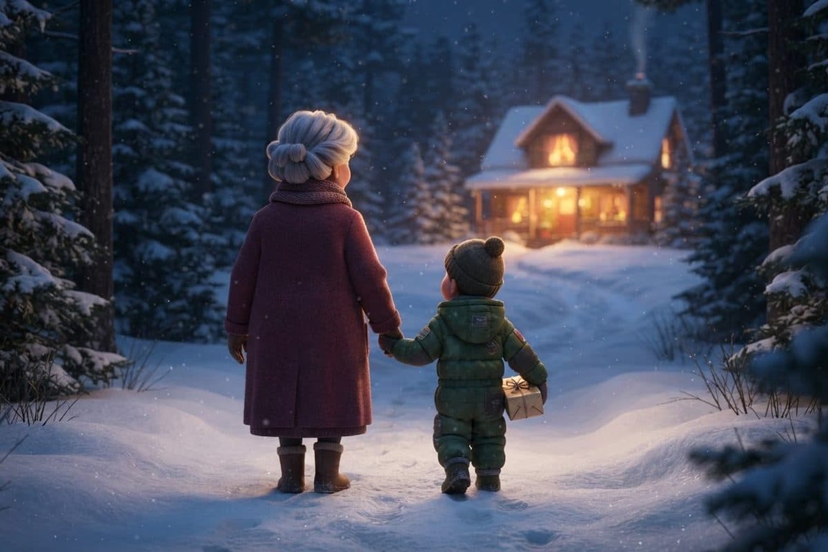 A grandmother in a long plum coat and a small grandson in a green snowsuit seen from behind, walking hand in hand along a snowy path between pine trees at dusk toward a glowing farmhouse, the boy carrying a small present