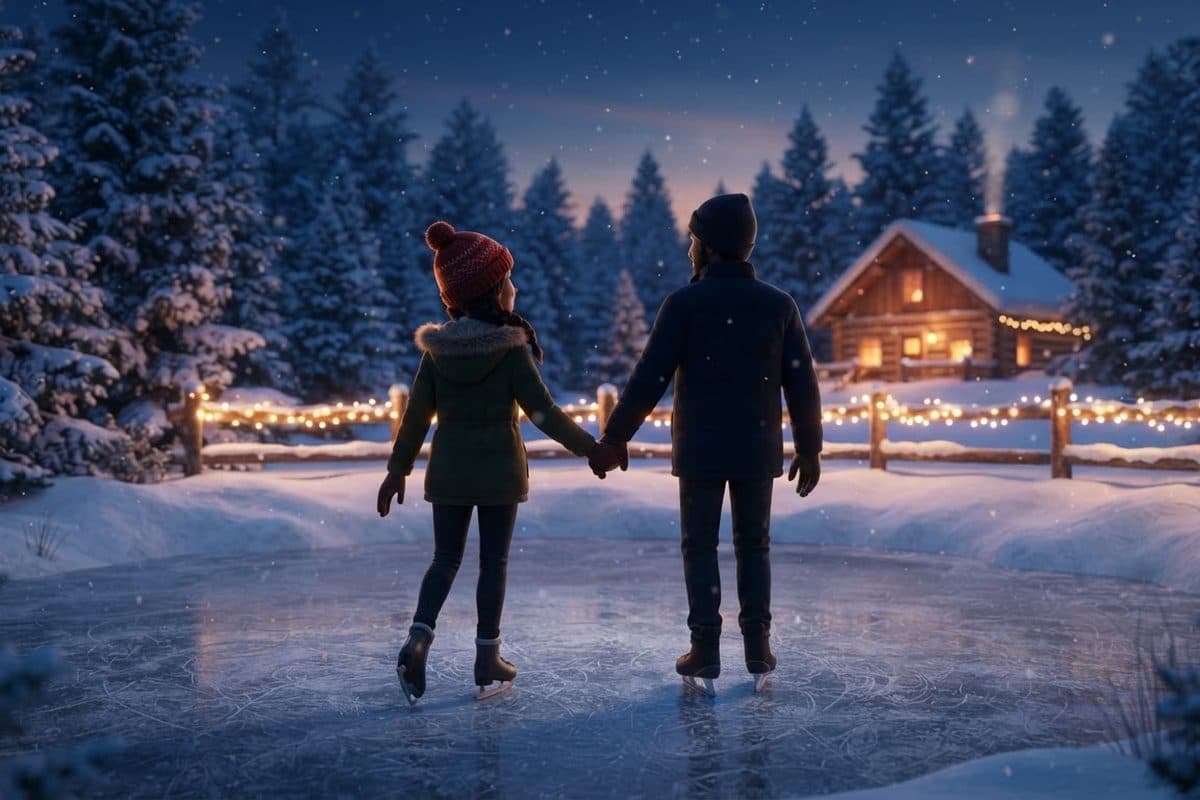 A husband and wife seen from behind ice skating hand in hand on a small frozen pond at dusk, snowy pines around them and warm string lights along a wooden fence