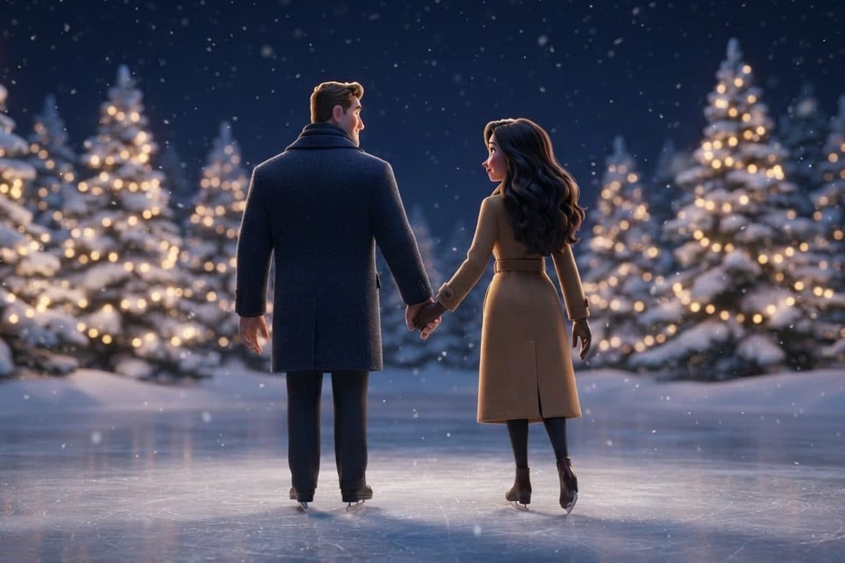 A married couple seen from behind ice skating hand in hand on a frozen pond at night, snowy pine trees hung with warm string lights all around them and snow falling