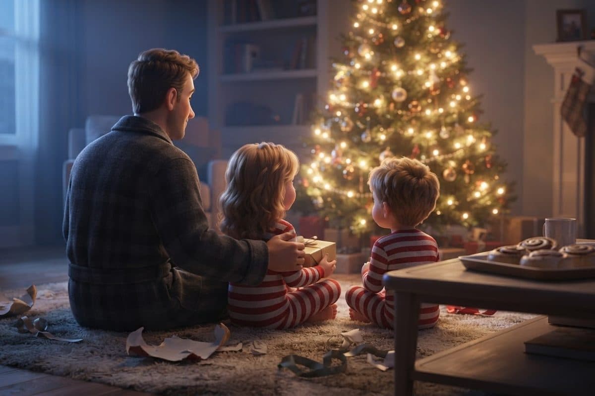 A father and two small children in flannel pajamas seen from behind on a living room rug in early morning light, facing a glowing Christmas tree, the girl holding a present in gold paper, torn wrapping paper on the rug and a tray of cinnamon rolls on the coffee table