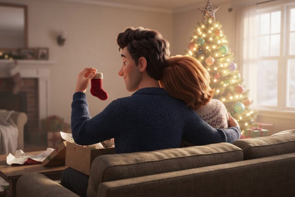 A couple seen from behind on a couch on Christmas morning, he holds up a tiny knitted stocking from a gift box while she leans on his shoulder, a lit tree in the corner