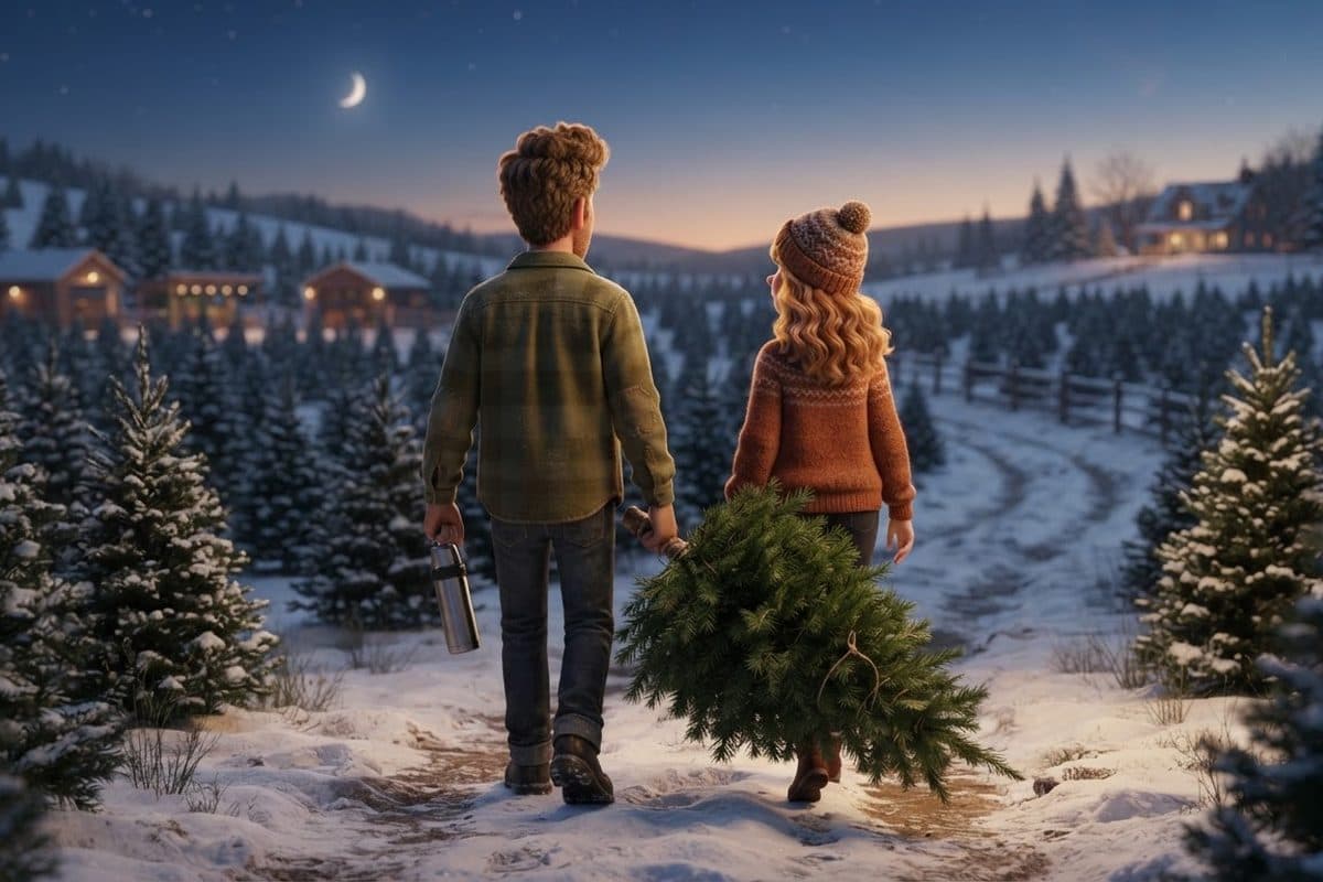 A couple seen from behind walking across a snowy tree farm at dusk, she carrying a freshly cut small pine tree, he holding a thermos, rows of young fir trees around them