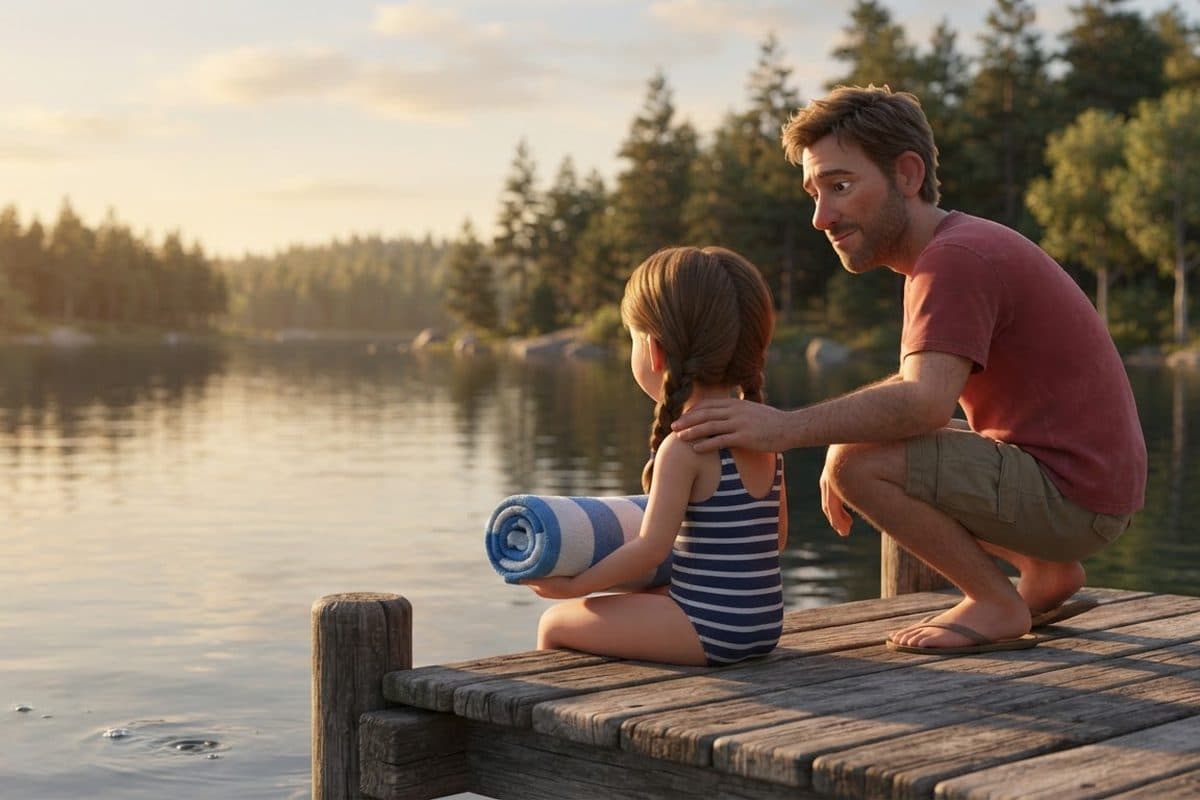 A child in a swimsuit seen from behind at the end of a wooden dock on a lake, holding a rolled towel, a father crouched beside them with a hand on their shoulder, both looking at the water in late afternoon light