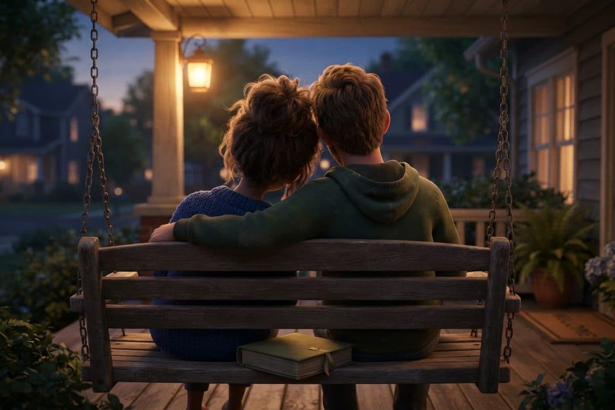 A couple seen from behind on a front porch swing at dusk, one leaning on the other's shoulder, a closed cloth photo album resting on the seat between them under a warm porch light