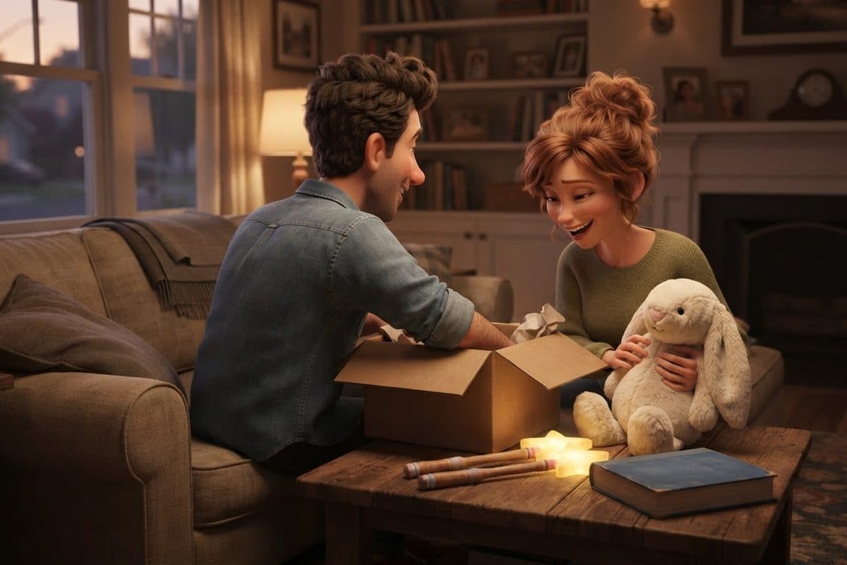 Two adults seen from behind on a couch at dusk, unpacking a box of souvenirs from a day out: two light-up star wands, a big plush rabbit and a closed book