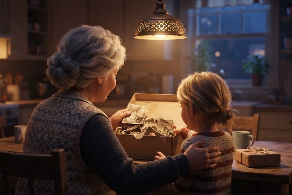 A grandmother and a small grandchild seen from behind at a kitchen table in the evening, looking together through a shoebox of printed family photos, a small wrapped gift beside it