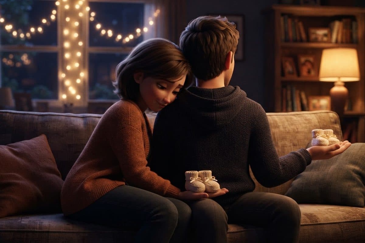 A young couple seen from behind on a sofa at home in the evening, a tiny pair of knitted baby shoes resting on his open palm while she leans against his shoulder