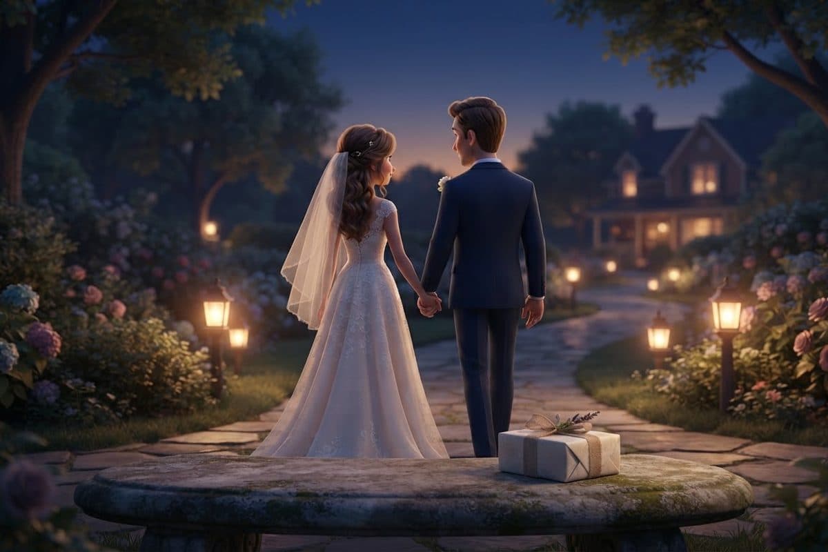 A bride and groom seen from behind walking hand in hand down a garden path lined with glowing lanterns at twilight, a small wrapped gift on a stone bench in the foreground