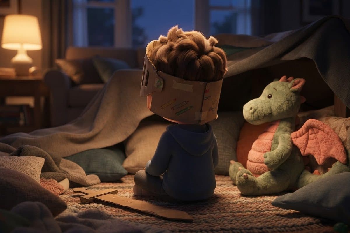 A small child seen from behind in a cardboard knight's helmet a little too big, sitting in a pillow fort beside a plush dragon with coral wings in a warm living room at dusk