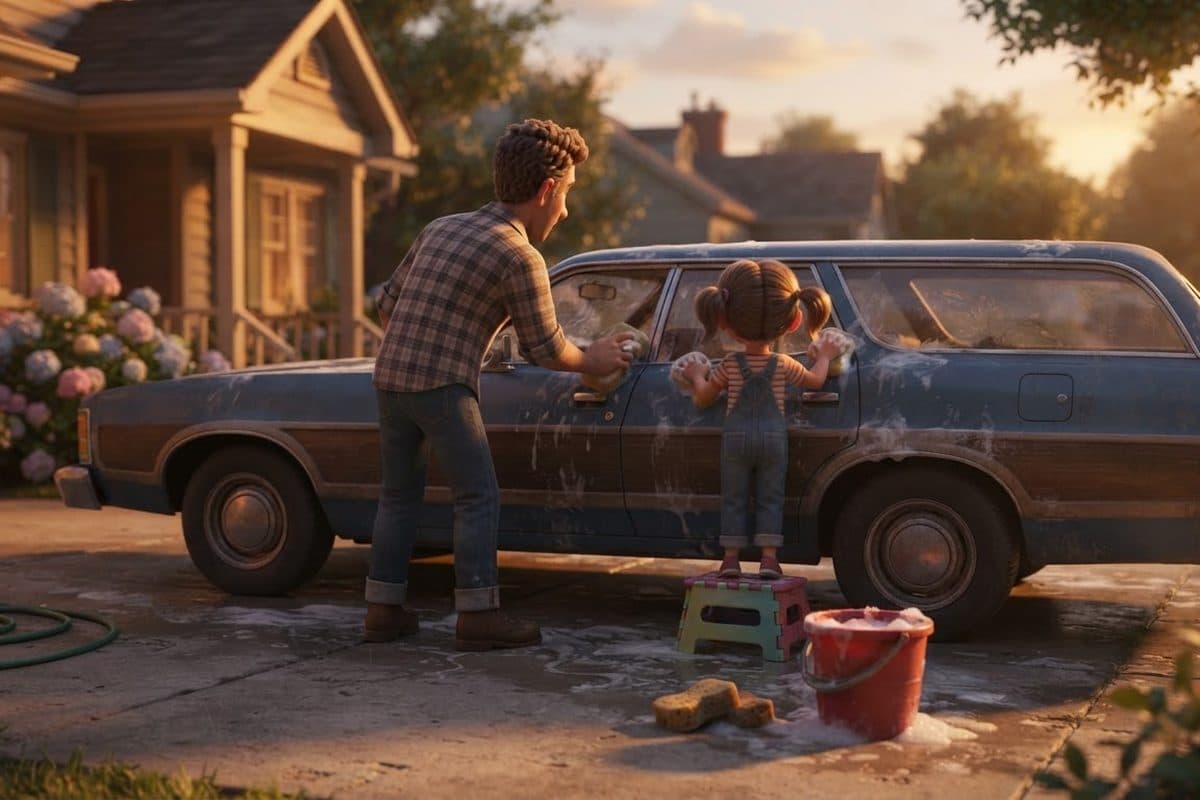A father and a small child washing a car together in a driveway in warm evening light