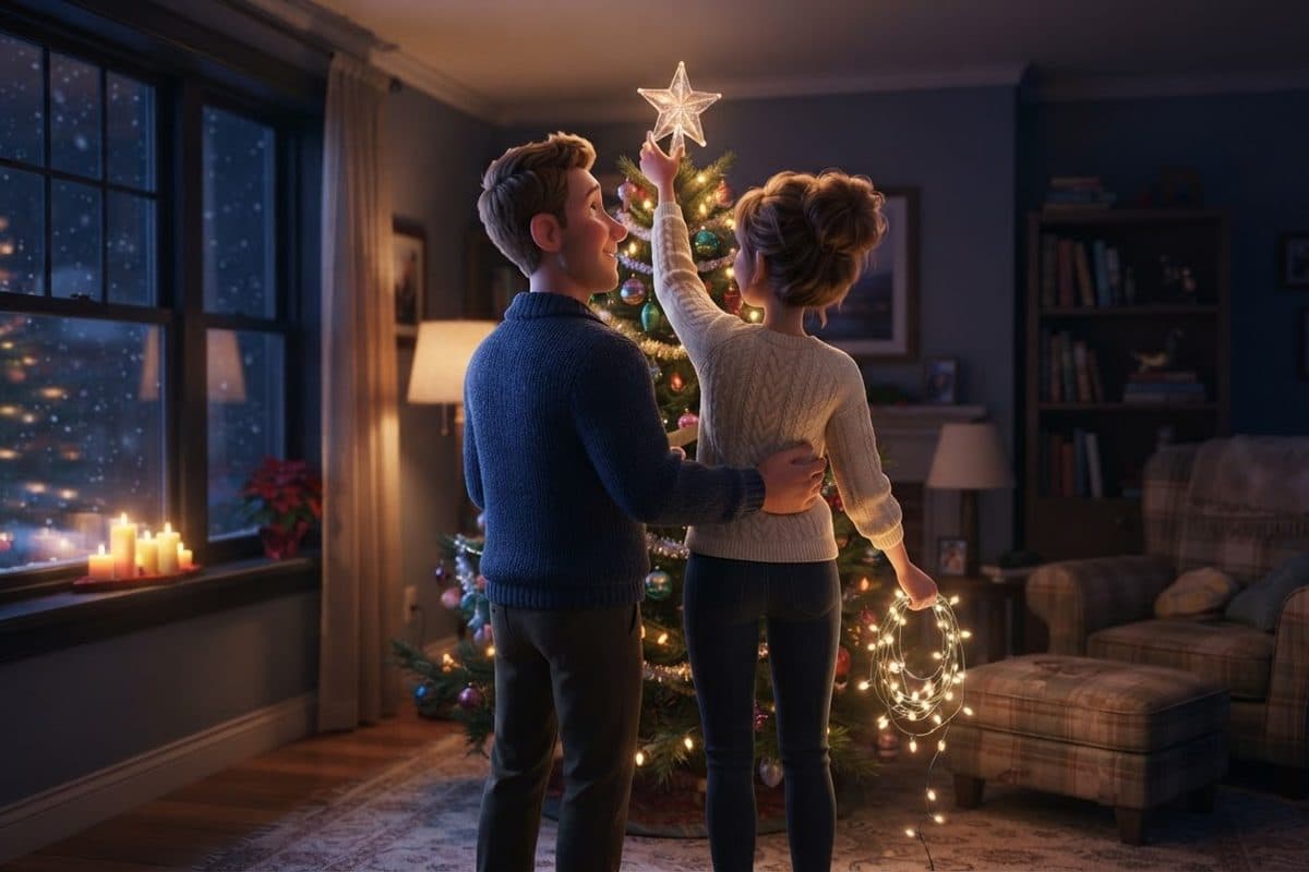 Two newlyweds seen from behind in a small living room at night, one lifting a glass star toward the top of a slightly crooked Christmas tree while the other holds a loose coil of warm string lights