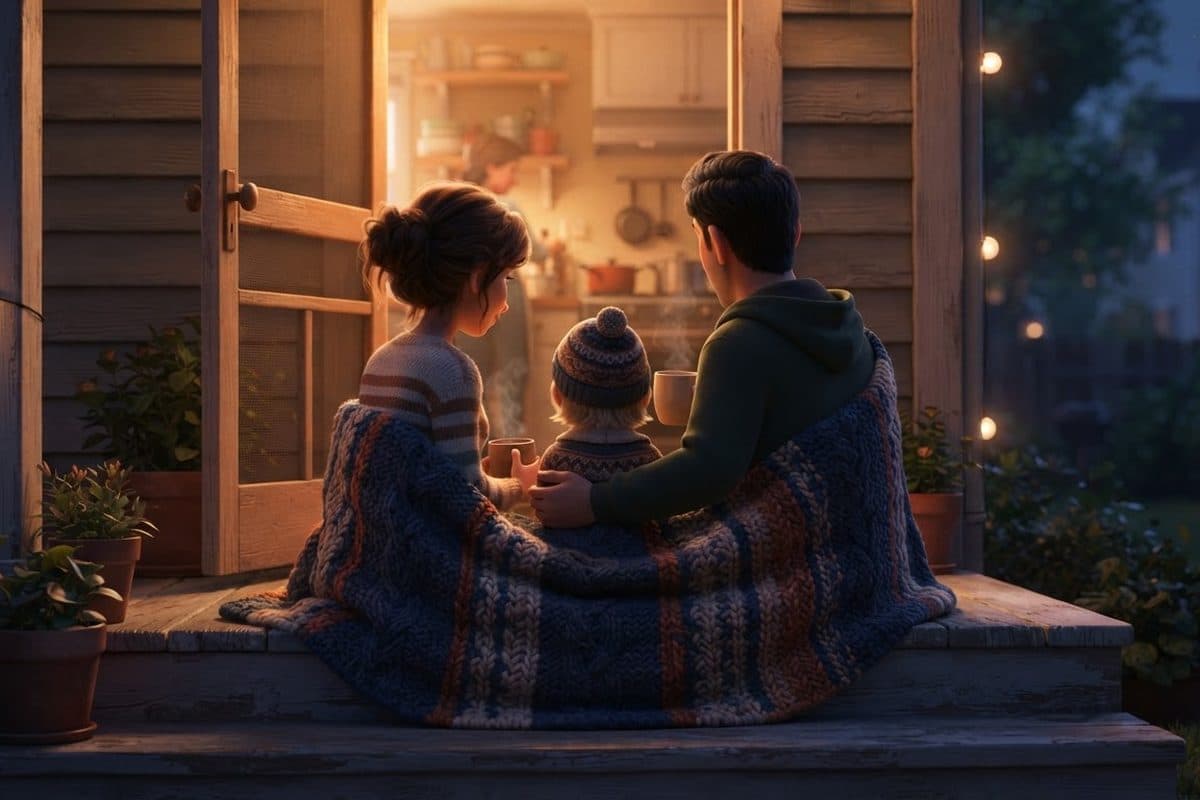 A mother, a father and a small child seen from behind on the back step of a house at dusk, wrapped in one knitted blanket and holding mugs of cocoa, with warm light spilling from the kitchen door behind them