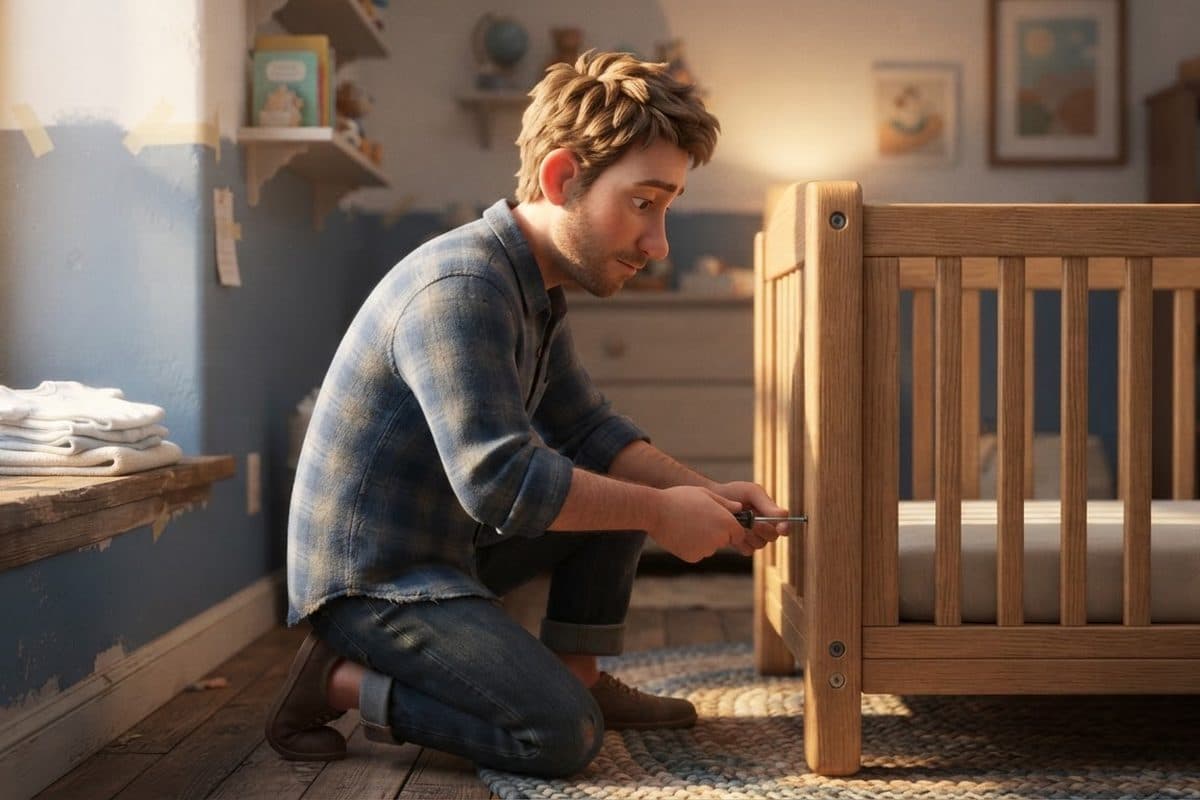 A man in profile in a sunlit, half-painted nursery, tightening the last screw of a plain wooden crib, with a small stack of folded baby clothes on the windowsill beside him