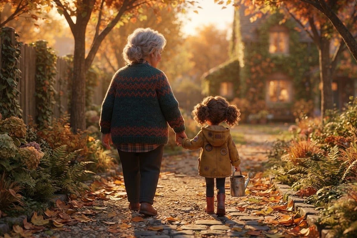 A grandmother and a small grandchild seen from behind walking hand in hand down a leafy garden path in autumn light, the child carrying a small tin watering can