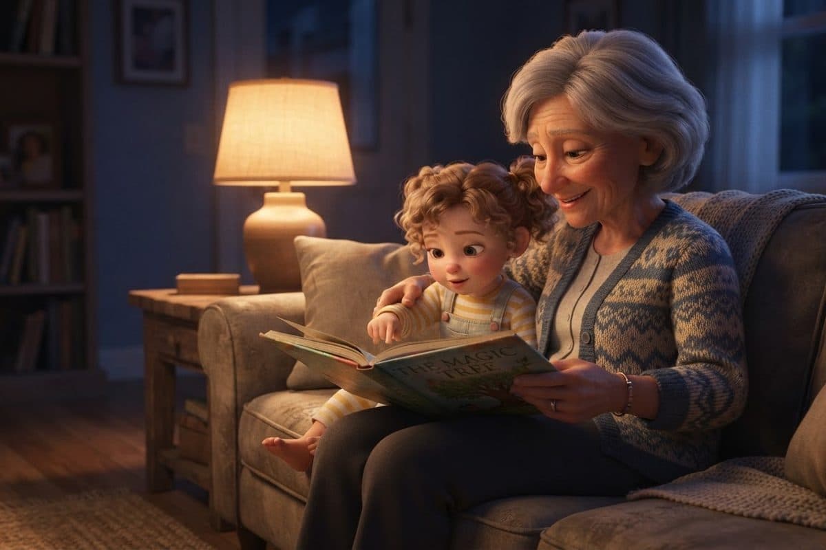 A grandmother reading a picture book with a small grandchild on a sofa