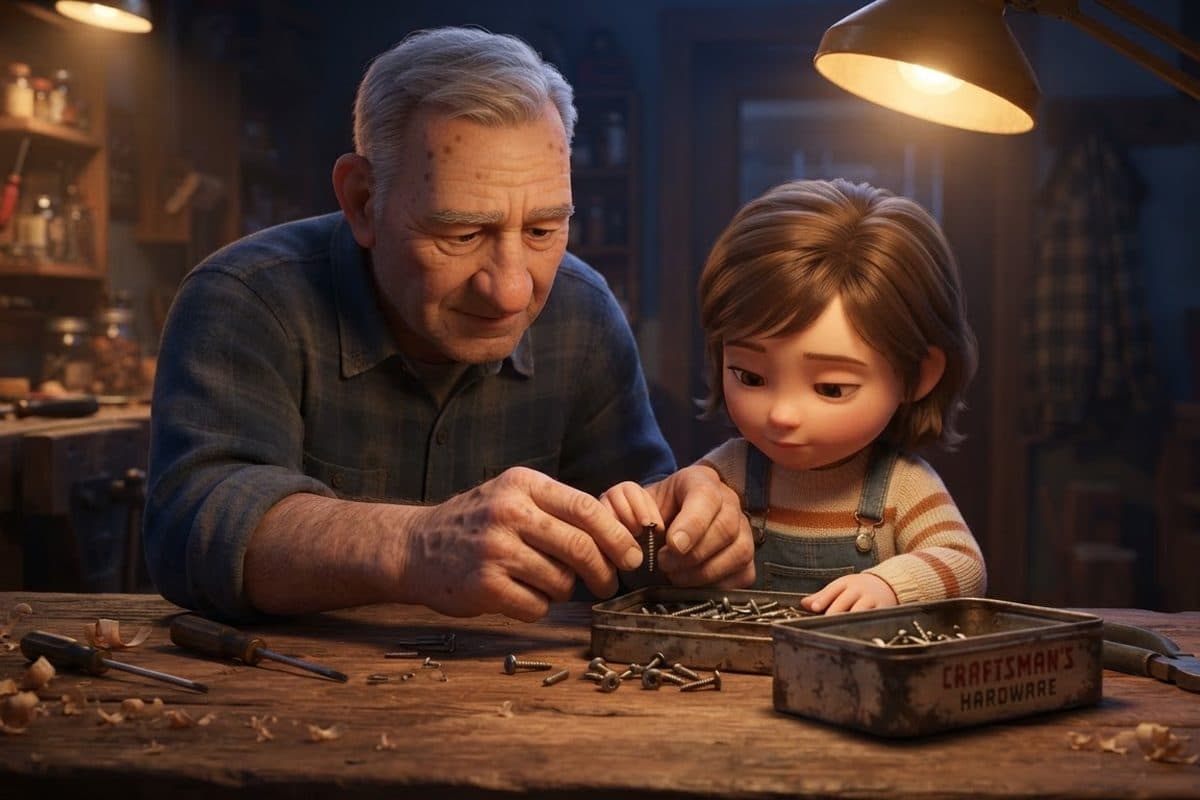 An older man's hands and a small child's hands together on a workbench under a warm lamp