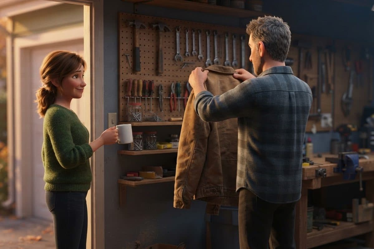 A man seen from behind in a home garage workshop in late afternoon light, hanging a worn work jacket on a peg beside a pegboard of tools, while a woman in profile in the doorway holds out a mug of coffee to him