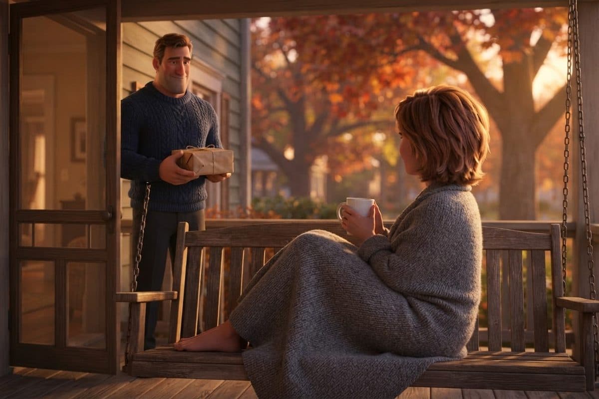 A woman seen from behind on a wooden porch swing at golden hour, feet tucked up, a wool blanket over her knees and a steaming mug in both hands, while a man in profile in the open doorway behind her holds a small paper-wrapped package tied with twine